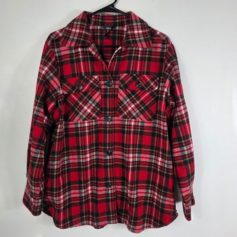 AQUA‎ Plaid Flannel Shirt/ Jacket W Sz M Red Black Tan